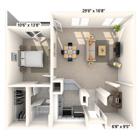 Floor plan for 1 bed, 1 bath, 886 sqft